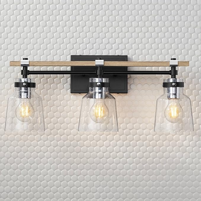 Possini Euro Design Broadway Modern Industrial Wall Light Black Painted Faux Wood Hardwired 23" 3-Light Fixture Clear Seedy Glass Shade for Bedroom Bedside Bathroom Vanity Living Room Hallway House
