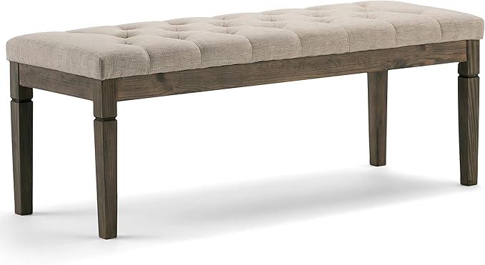SIMPLIHOME Waverly 48 inch Wide Traditional Rectangle Tufted Ottoman Bench in Natural Linen Look Fabric, Assembled, For the Living Room and Bedroom