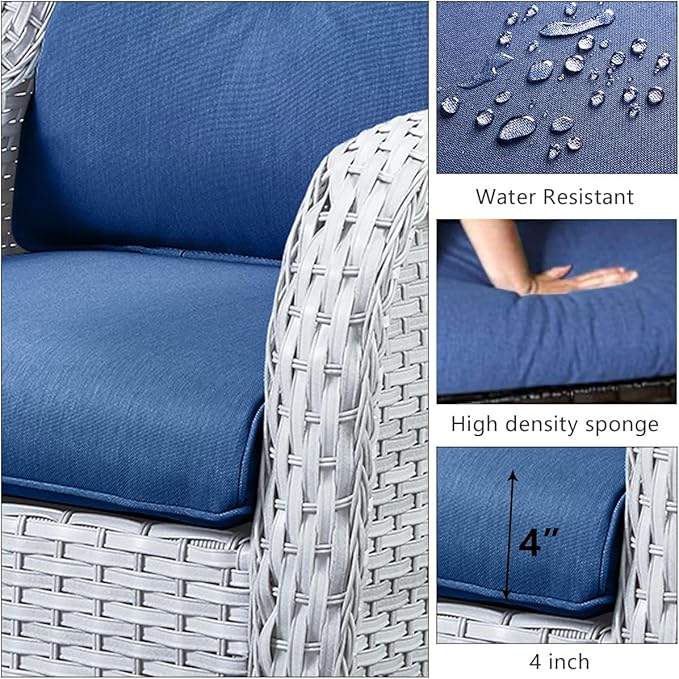 HUMMUH Outdoor Swivel Rocker Wicker Patio Chairs Set of 2,PE Rattan Rocking Chair Furniture Set(Light Grey,Blue)