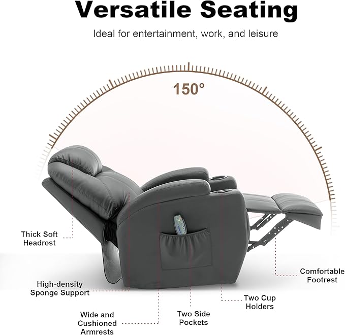 Recliner Chair, Rocking Chair with Massage and Heat, 360° Swivel Recliner Chairs for Adults, Rocker Manual Recliner with Remote Control and Cup Holder for Living Room, Bedroom, Nursery