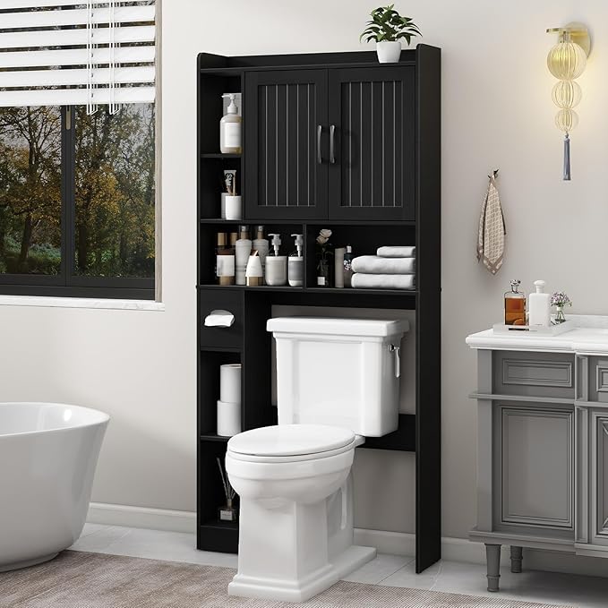 Vabches Over The Toilet Storage Cabinet, Farmhouse Storage Cabinet Over Toilet with Barn Door, Home Space-Saving Toilet Rack, for Bathroom, Restroom, Laundry(Black).