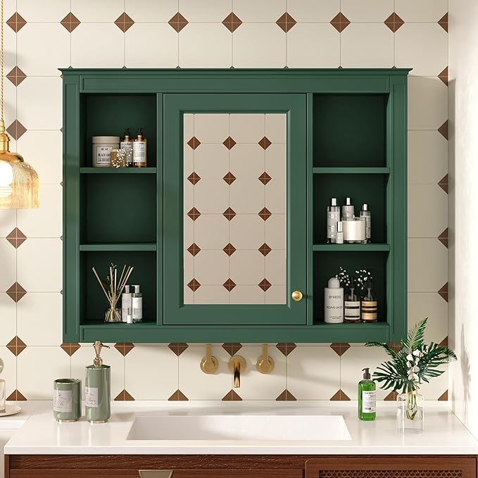 Bathroom Wall Cabinet with Mirror, 35'' x 27.5'' Medicine Cabinet with Mirror Door and Adjustable Shelves, Over Toilet Storage Cabinet, Wall-Mounted Bathroom Mirrors for Over Sink with Storage