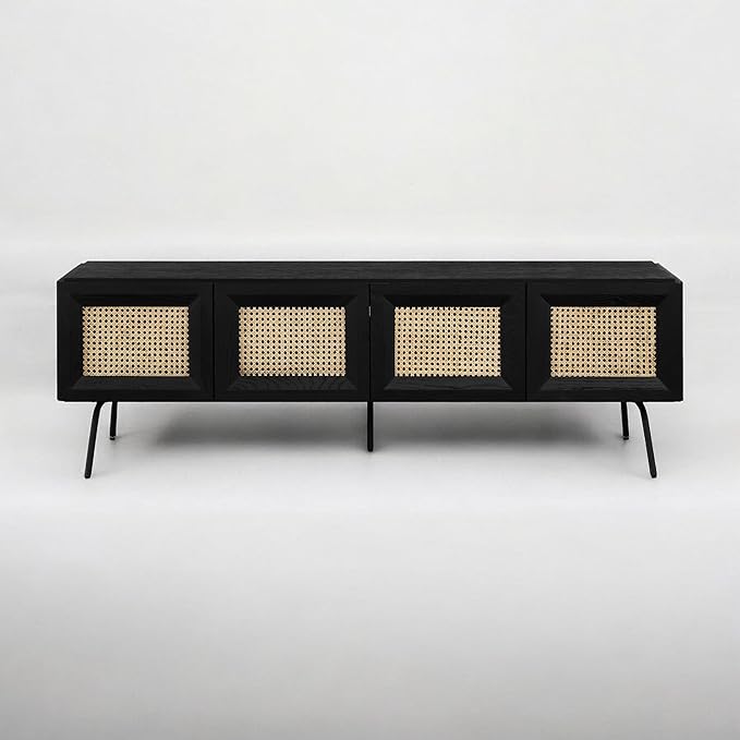 NTC Mossic TV Media Cabinet with 4 Doors for TVs, Entertainment Center with Natural Rattan, Metal Legs, Modern Storage Console for Living Room and Bedroom, Effortless Assembly, Burnt Black