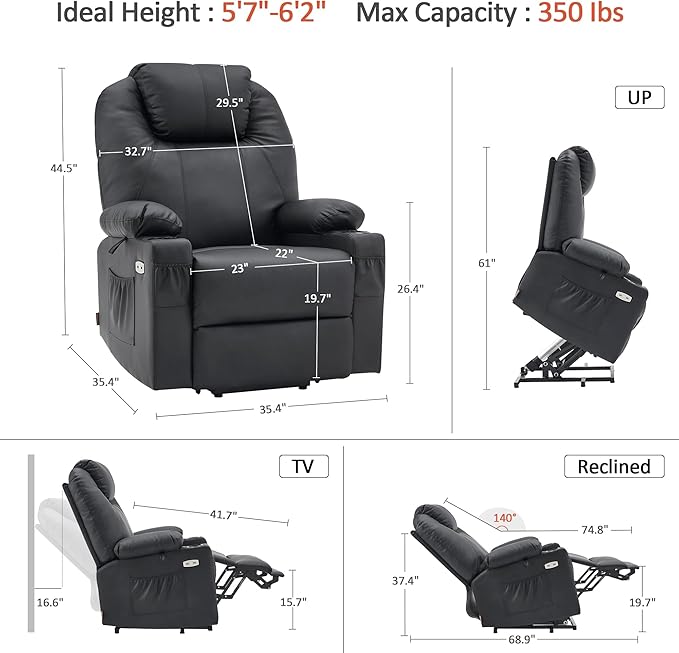 MCombo Large Power Lift Recliner Chair with Massage and Heat for Tall Elderly People, 3 Positions, Cup Holders, and USB Ports, Faux Leather 7516 (Large, Black)