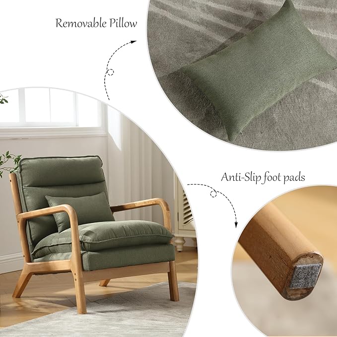 INZOY Accent Chairs Set of 2, Mid Century Modern Accent Chair with Wood Frame, Upholstered Reading Armchair with Waist Cushion, Side Chair for Living Room Bedroom Office, Easy Assembly, Green
