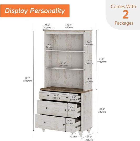 WAMPAT 3 Tier Bookshelf with 3 Drawers, 72" Tall Bookcase Large Farmhouse Display Book Case Shelf with 3-Tier Open Book Shelfs,Library Wood Bookshelves for Living Room,Kitchen, Rustic White