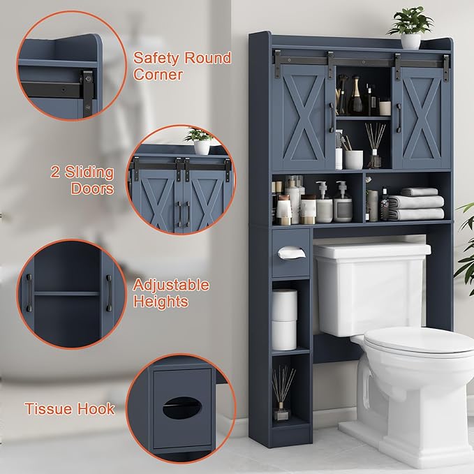 Vabches Over The Toilet Storage Cabinet, Farmhouse Storage Cabinet Over Toilet with Sliding Doors,Home Space-Saving Toilet Rack, for Bathroom, Restroom, Laundry