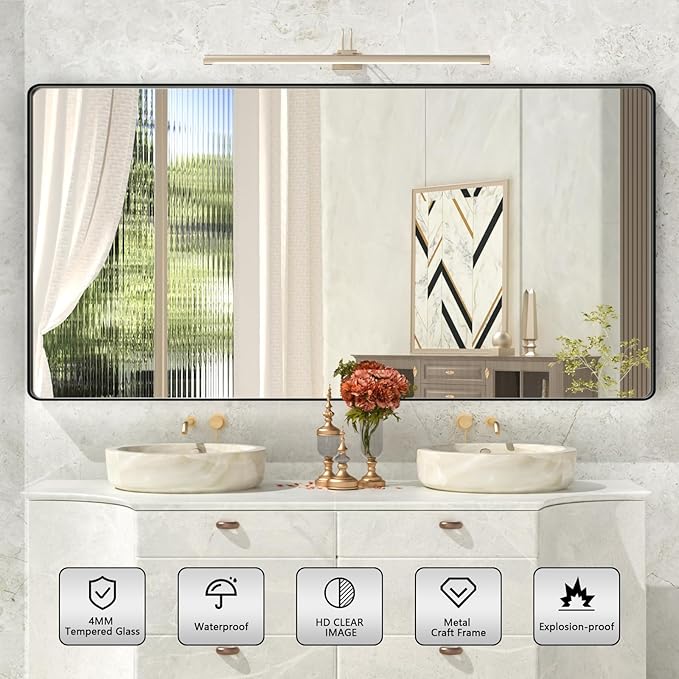 72x36 Inch Black Mirror for Bathroom,Black Metal Frame Vanity Mirror for Wall,Large Rounded Corner Rectangle Matte Black Mirror,Tempered Glass,Anti-Rust (Horizontal/Vertical)