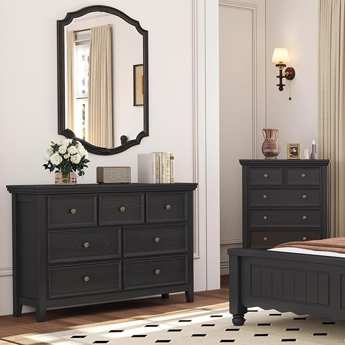 Black Dresser for Bedroom,7 Drawer Dresser, Modern 7 Chest of Drawers for Living Room, Farmhouse Style Storage Cabinet for Living Room, Dining Room, Entryway