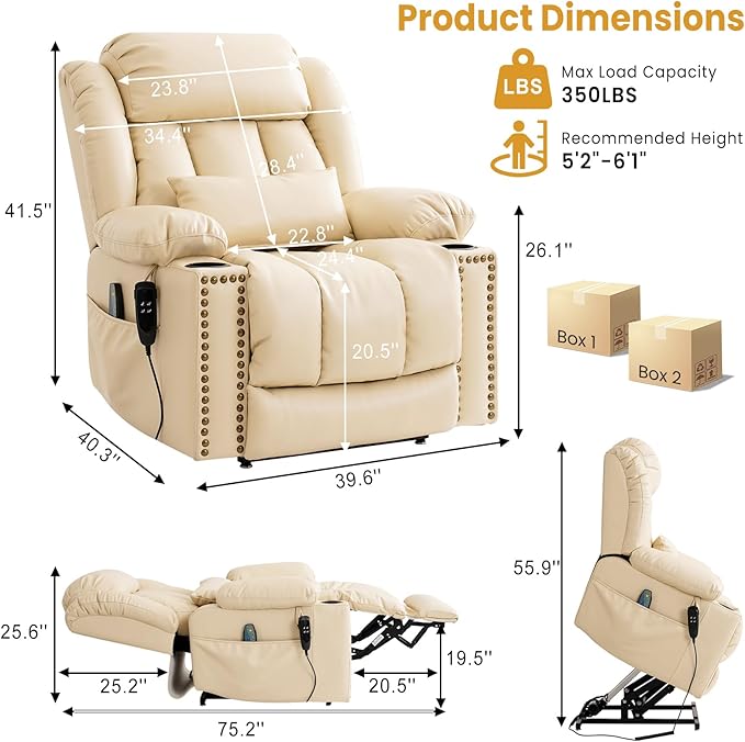 PARKOL Large Infinite Position Leather Power Lay Flat Lift Studded Recliner Chairs for Elderly, Dual Motor with Massage and Heating,Extended Footrest, USB&Type-C Port Remote,Cup Holder (Beige, Large)