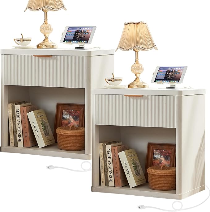 LEYAOYAO Fluted Farmhouse Nightstand Set of 2 with Charging Station, 23" Wide 1 Drawers End Table,White Dresser for Bedroom,Bed Side Table Chest of Drawers Cabinet,Wood Night Stand for Living Room