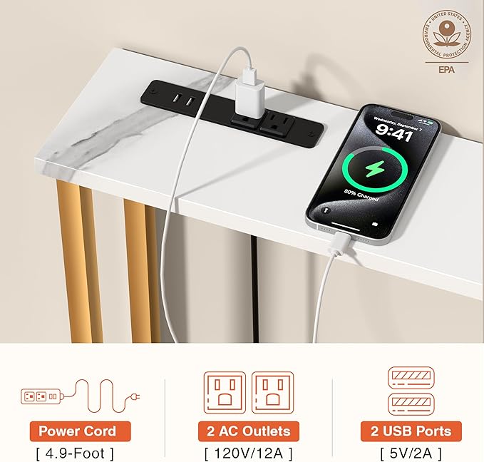 90Inch Console Table with Outlet, Sofa Table with Charger,Skinny Hallway Table, Narrow Entryway Table,Table Behind Sofa,for Living Room,Gold & White