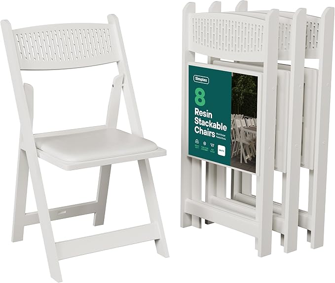 SIMPLEX White Stackable Folding Chairs with Padded Seat & Mesh Back, Padded Indoor/Outdoor Folding Chair, Lightweight Foldable Chairs, Weight Capacity 800LBs (8 Pack)