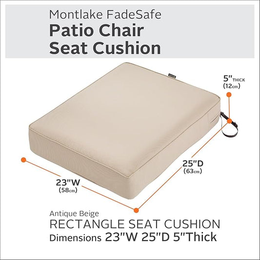 Classic Accessories Montlake Water-Resistant 23 x 25 x 5 Inch Rectangle Outdoor Seat Cushion, Patio Furniture Chair Cushion, Antique Beige, Patio Furniture Cushion Covers