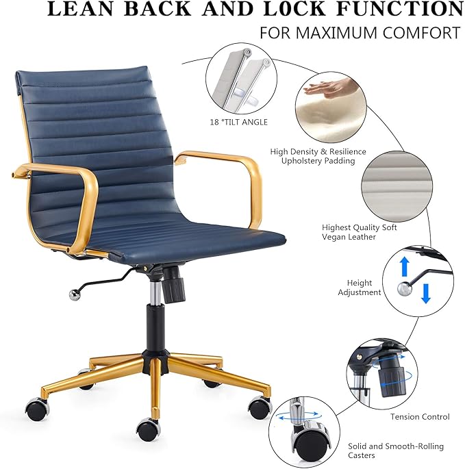 Office Chair Ergonomic Swivel Desk Chair with Armrests and Wheels Comfortable Heavy-Duty Chair for Home Office Wide 22.83in Seat for Women and Men,Gold Navy