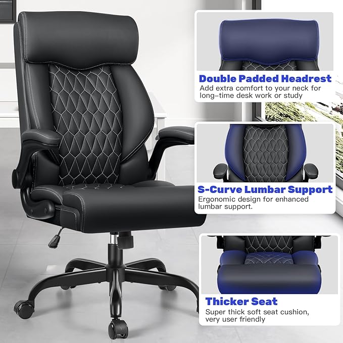 High Back Executive Office Chair - Ergonomic Computer Desk With Rocking Function, Leather Managerial With Adjustable Flip-Up Armrests and Lumbar Support