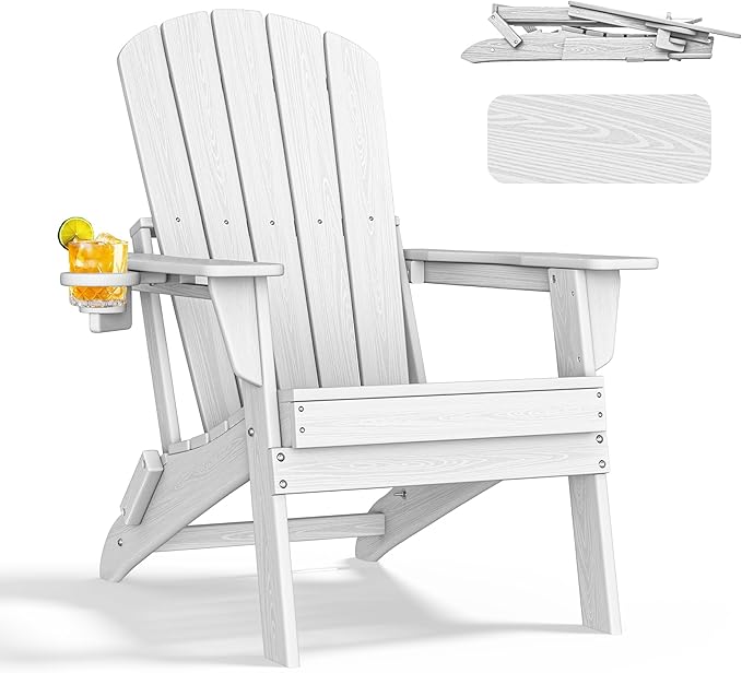 nevilywood Folding Adirondack Chair, Ergonomic Extended Backrest, HDPE All-Weather, 380lbs Capacity, Maintenance-Free, Cup Holder, (White)- Outdoor Patio & Firepit Chair