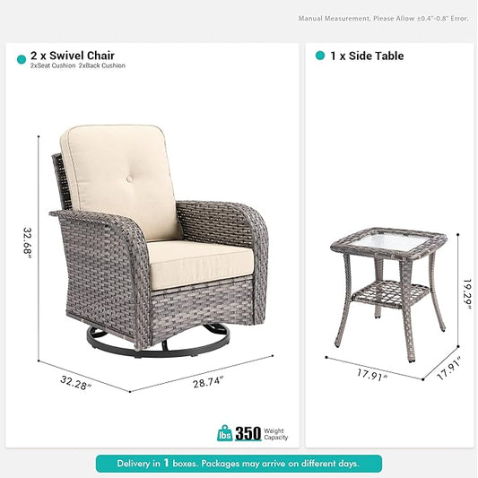 Wicker Rocking Chair Swivel Chairs - 3 Piece Rocker Glider Patio Chairs Set Rattan Rocking Chair for Outdoor Porch Deck Garden Backyard,Beige
