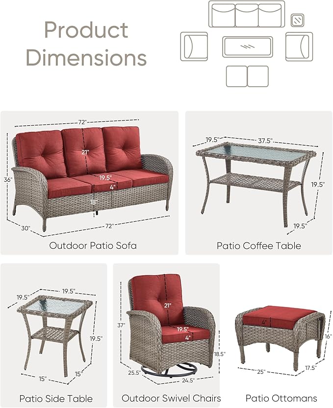HUMMUH 7 Pieces Outdoor Furniture Set-All Weather Wicker Rattan Couch with Outdoor Rocking Chair Patio Furniture for Deck Lawn Porch Balcony Poolside-Grey/Red