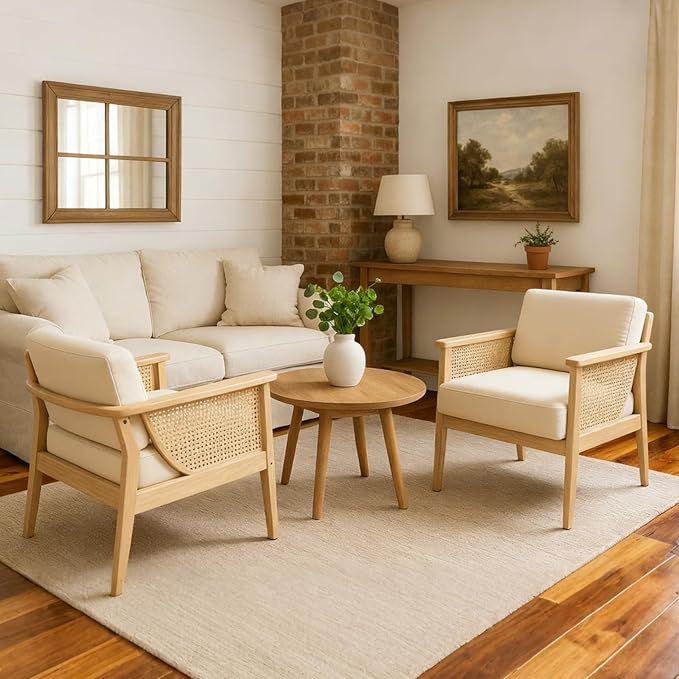 Mid Century Modern Accent Chair, Rattan Armchair with Wood Legs Living Room Chair Linen Upholstered Lounge Chair for Bedroom Reading Room, Beige