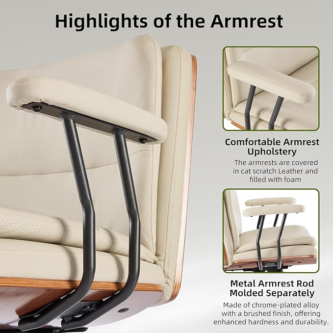 Criss Cross Chair with Armrests & Wheels, PU Leather Adjustable Swivel Walnut Task Chair with Wide Seat, Ergonomic Mid Back Computer Office Desk Chairs for Meeting Room, Home