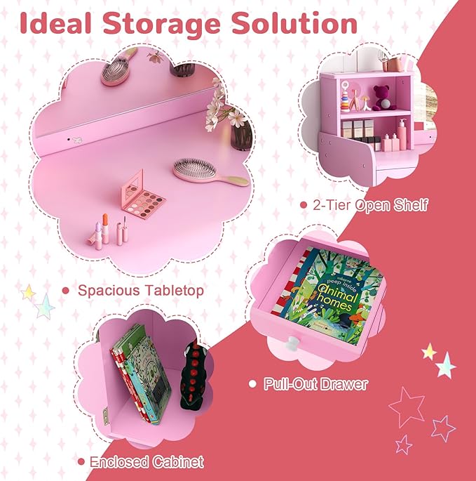 HONEY JOY Kids Vanity with Lights, Little Girls Vanity Set with Mirror and Stool and Lights, Wooden Princess Makeup Dressing Table, Storage Cabinet, Pretend Play Kids Vanity Table and Chair Set(Pink)