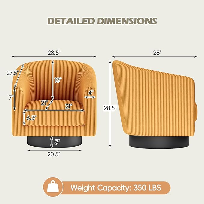 360Β° Swivel Accent Chairs, Modern Bucket Chair, Corduroy Barrel Armchair, Comfy Boucle Chair, Single Sofa for Living Room Bedroom. Orange