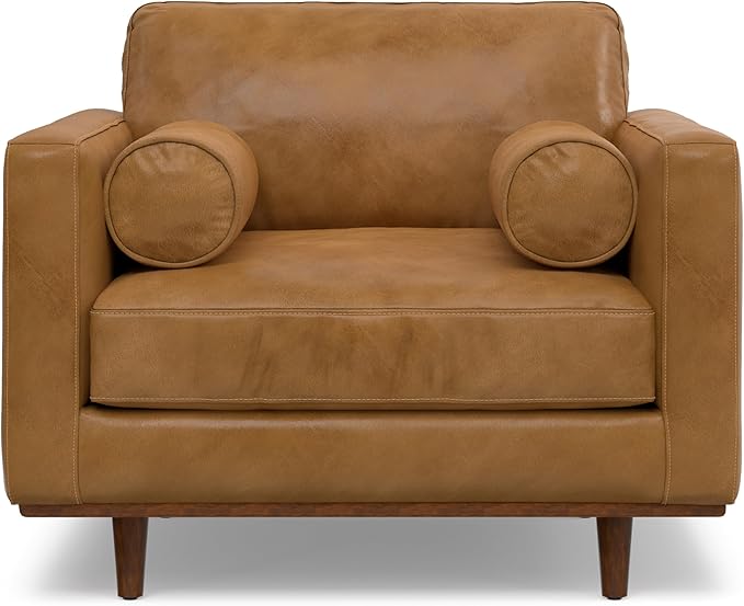 SIMPLIHOME Morrison Accent Chair - 43 inch Wide Upholstered Top Grain Genuine Leather Mid-Century Modern Arm Chair with Solid Wood Frame in Sienna, for Living Room or Bedroom with 2 Bolster Pillows