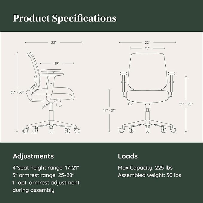 Branch Daily Chair - Computer Office Chair with Swivel, Lumbar Rest, and Adjustable Armrests - Sustainable, Stylish Mesh, & Adjustable Armrests - Comfortable Seating for Improved Posture - Black