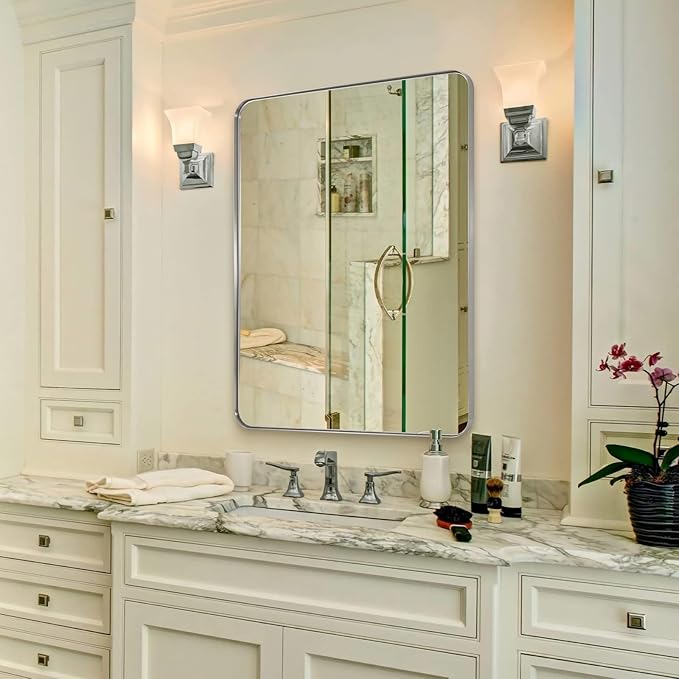 ANDY STAR Wall Mirror Brushed Nickel for Bathroom, 30x36 Rounded Rectangle Mirror with Stainless Steel Silver Metal Frame, Modern Bathroom Vanity Mirror