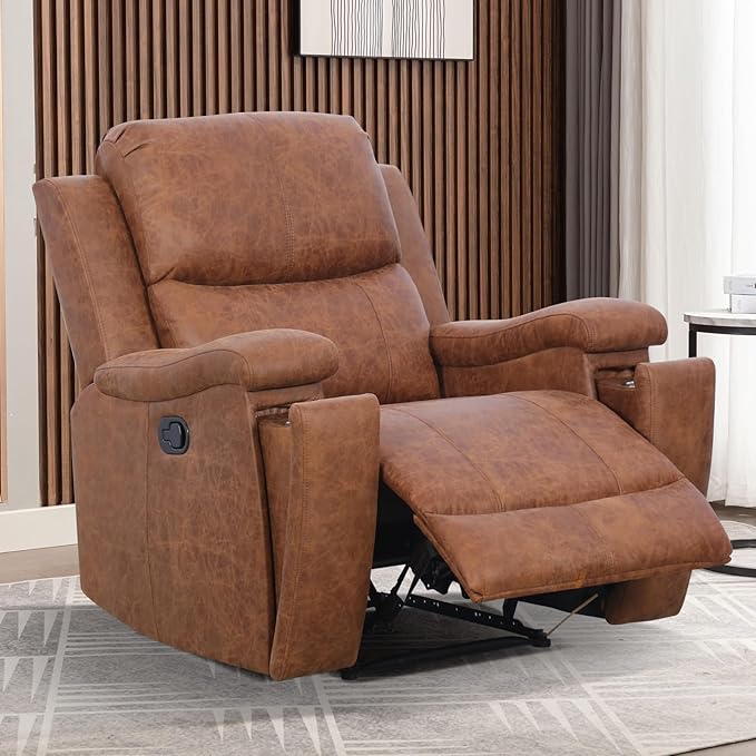 Brown Recliner Chair, Single Overstuffed Sofa Recliners, Breathable Faux Leather Manual Reclining Chairs with Hidden Cup Holder, Arm and Back for Adults, Living Room, Bedroom, Brown