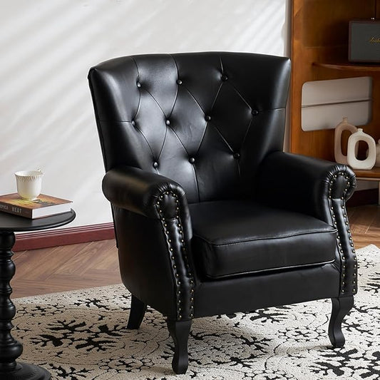 Modern Faux Leather Accent Chair, Upholstered Mid-Century Armchair with Solid Wood Legs, Single Sofa Chair for Living Room, Bedroom, or Reading Room(Black)