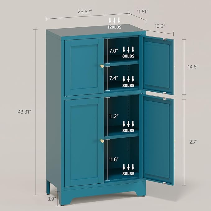Blue Bathroom Storage Cabinet,Metal Bathroom Cabinet,Navy Blue Storage Cabinets,Bathroom Floor Cabinet with 2 Adjustable Shelves&4 Doors