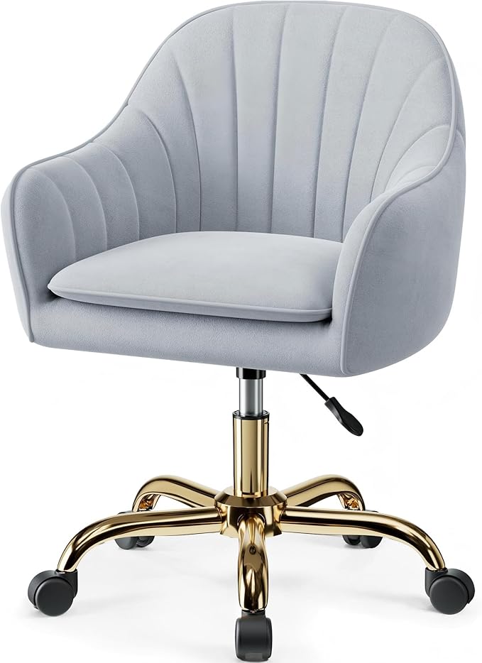 Comfy Home Office Desk Chairs Vanity Chair with Wheels Adjustable Modern Velvet Makeup Vanity Chairs for Bedroom Living Room(Grey)
