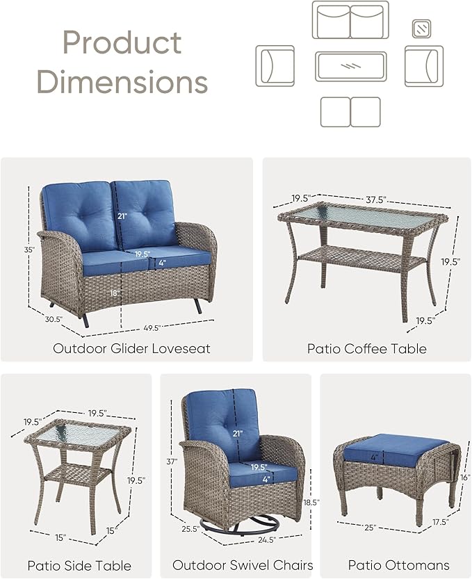 HUMMUH 7 Pieces Wicker Patio Conversation Set Outdoor Glider Loveseat with Patio Swivel Rocking Chairs Outdoor Patio Set for Deck Lawn Porch Balcony Poolside-Grey/Blue