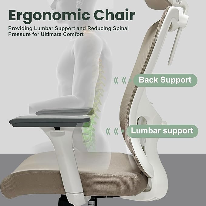 Ergonomic Office Chair - 350LB Mesh Office Chair with Adjustable Lumbar, High Back Computer Chair with 3D Armrests, Comfy Chair with 2D Headrest & Tilt Function for Study, Work, Gaming