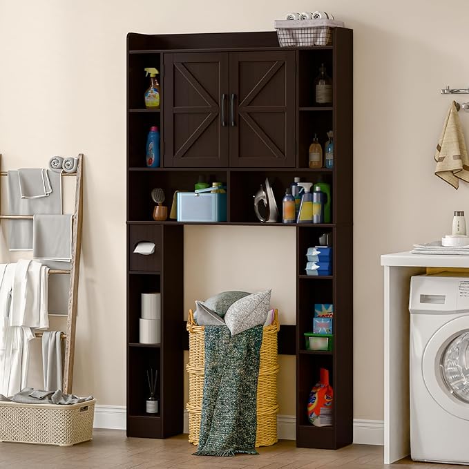 Farmhouse Storage Cabinet Over Toilet with Barn Doors,Over The Toilet Storage Cabinet, Home Space-Saving Toilet Rack, for Bathroom, Restroom, Laundry.Espresso