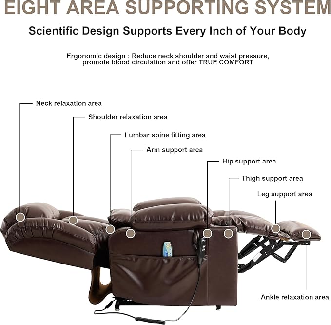 Dual Motor Large Power Lift Recliner Chair for Elderly with Heat and Massage,Lay Flat Lift Chairs Recliners for Seniors Infinite Position,USB Ports&Remote, Leather (Brown, Large)