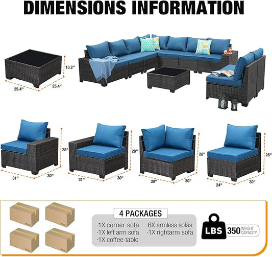 10 Pieces Patio Furniture Set All-Weather Outdoor Wicker Sectional Conversation Sofa Rattan Patio Seating Sofa with Cushion and Glass Table for Porch Poolside,Peacock Blue