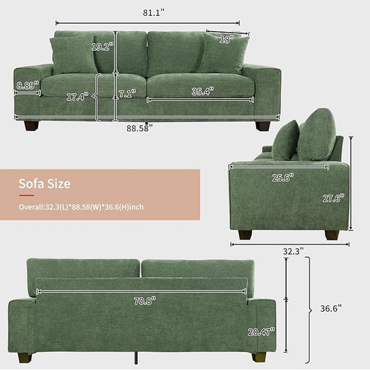 DOPEDIO Modern Loveseat Sofa for Living Room,Chenille Recliner, Removable Cover, Spring Cushions, Solid Wood Frame, Easy Assembly for Small Spaces (88.58inch,Green)