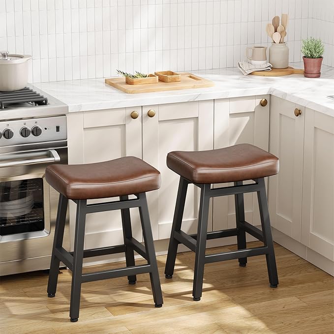 Counter Height Bar Stools Set of 3, 24 Inch Barstools for Kitchen Counter, Kitchen Stools with Bonded Leather Saddle Seats & Heavy Duty Metal Legs, Easy Assembly, Brown/Black