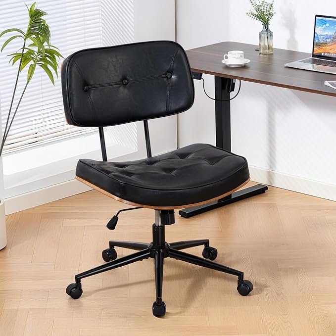 Armless Computer Chair, Small Desk Chair with Wheels and Adjustable Height, PU Leather Modern Swivel Walnut Task Chair for Home Office, Study, Library (Armle, Black)