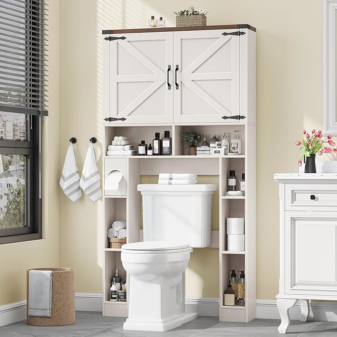 Over The Toilet Storage Cabinet, Farmhouse Storage Cabinet Over Toilet with 2 Barn Doors ,Toilet Paper Holder Stand,Home Space-Saving Toilet Rack, for Laundry, Restroom, Bathroom
