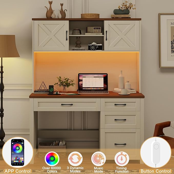 Farmhouse 67" H Executive Desk with Hutch,Office Desk with 4 Drawers and LED light, Wood Workstation for Home Office and Study, Computer Desk with Storage Cabinet & File Drawers and Charging Station