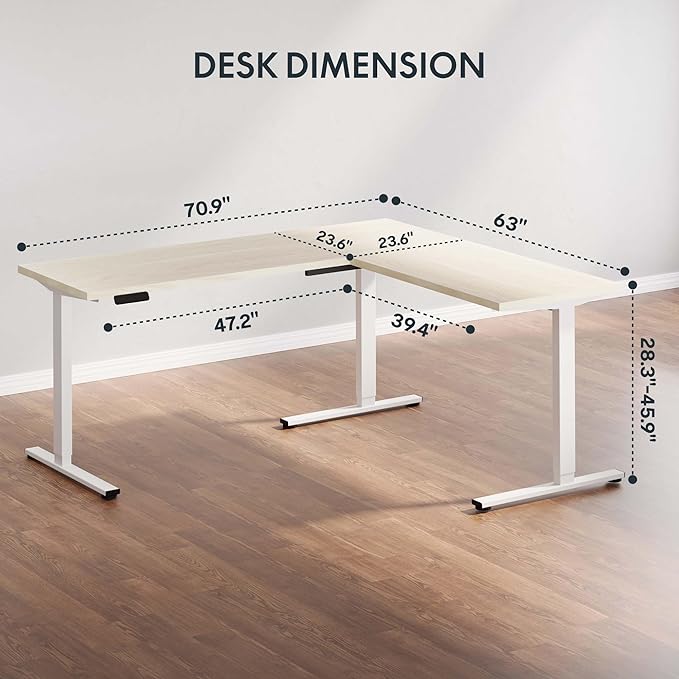 SANODESK L Shaped Electric Standing Desk with Drawer, 71 Inch Ergonomic Adjustable Height Desk with Storage, Corner Desk Sit Stand up Computer Table for Work Office Home, Maple