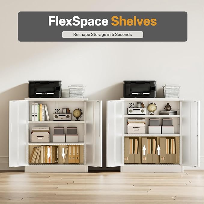 Metal Garage Storage Cabinets,36" Steel File Cabinet with 2 Adjustable Shelves, Lockable Storage Cabinets for Office, Home, Garage, Warehouse 36" H x 32" W x 16" D (White)