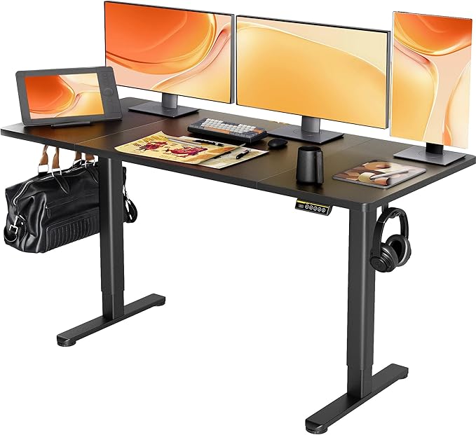 Claiks Electric Standing Desk, Adjustable Height Stand up Desk, 63x24 Inches Sit Stand Home Office Desk with Splice Board, Black Frame/Black Top
