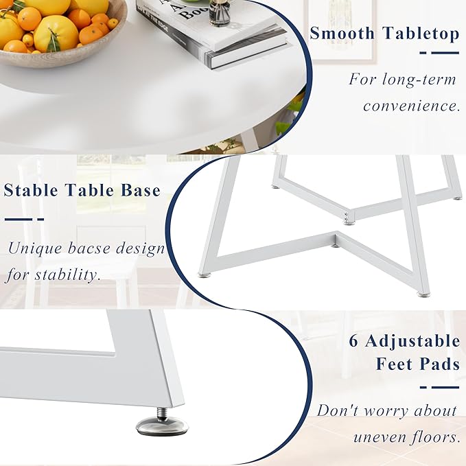 VECELO Small Round Dining Table Set for 2, Wood Tabletop with Strong Metal Frame, Modern Dinette with Chairs for Kitchen, Breakfast Nook Living Room, Pure White
