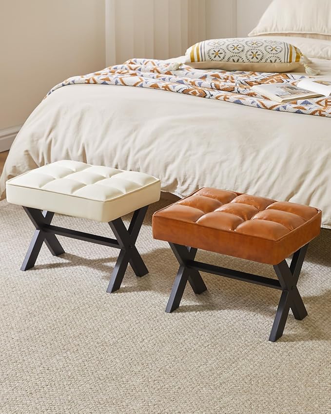 IBUYKE Small 12" H Footrest Stool, Square PU Foot Stool with Metal X-Leg, Multi-Use as Small Side Table, Step Stool for Living Room, Bedroom, Entryway, Office, White WBD012W