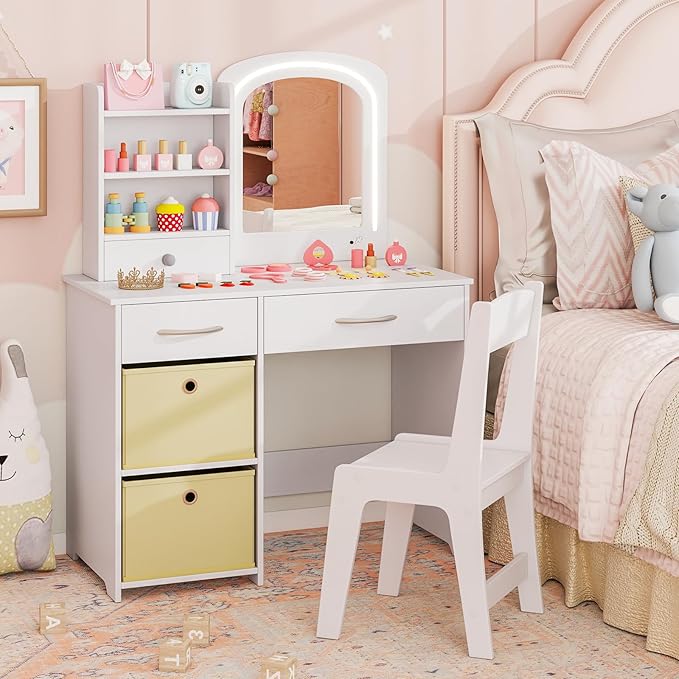 Costzon Kids Vanity with Lights, Princess Makeup Dressing Desk with Mirror and Stool, Storage Drawers, Shelves, Vanity Table and Chair Set for Little Girls (White)